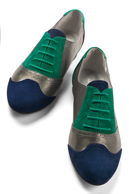 Navy blue, taupe brown and emerald green women's fashion lace-up shoes.. Top view - Florence KOOIJMAN